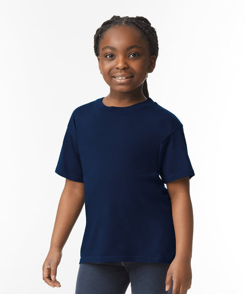 Child wearing a navy blue t-shirt on a white background