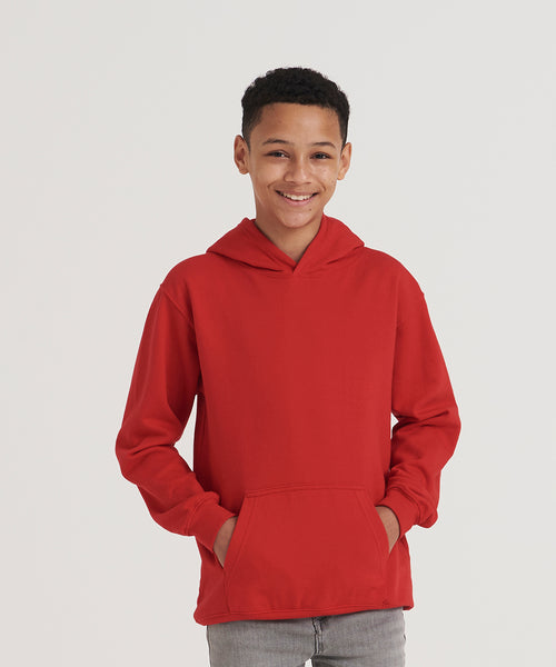 Person wearing a red hoodie on a plain background