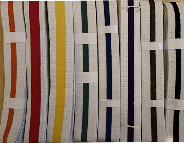 white belts with coloured stripe